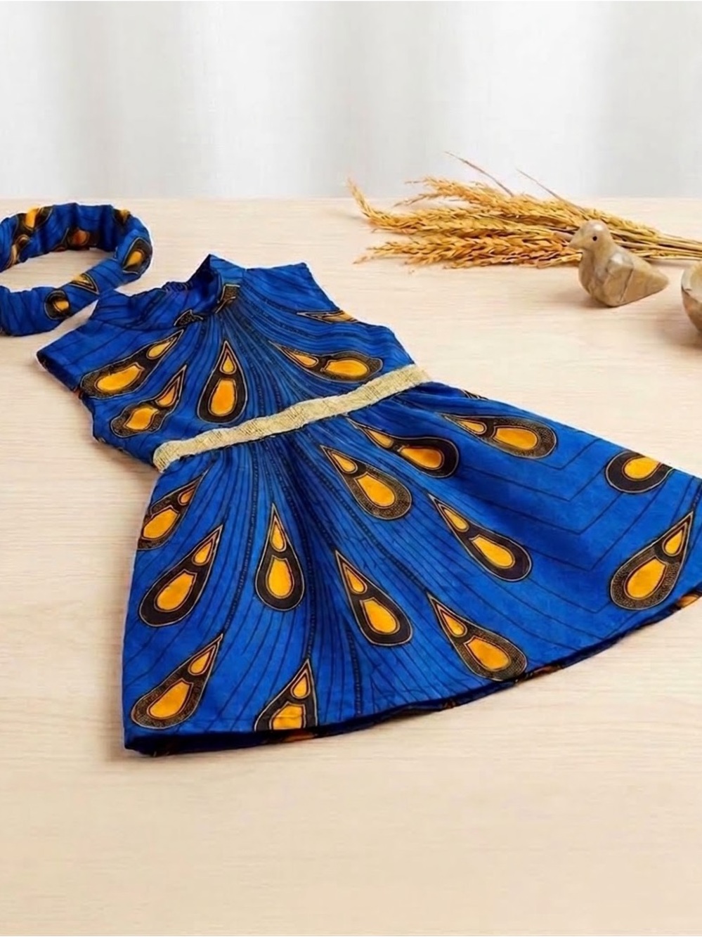 Blue and yellow little girls African print dress with matching headband